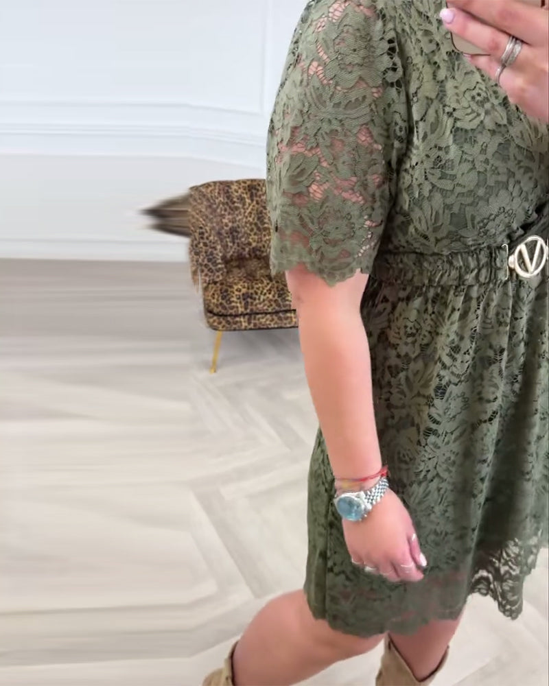 V-Neck Lace Short-Sleeved Dress