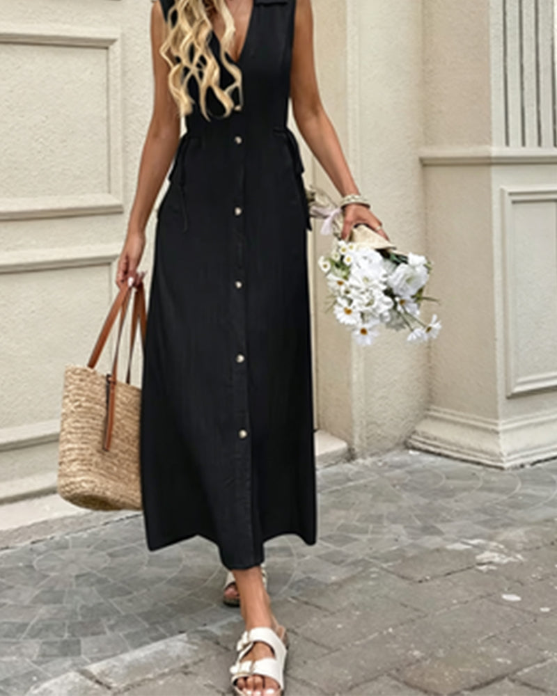 Collar-Breasted Sleeveless Waist-Cinching Dress