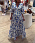 Deep V-Neck Elegant Floral Long Dress