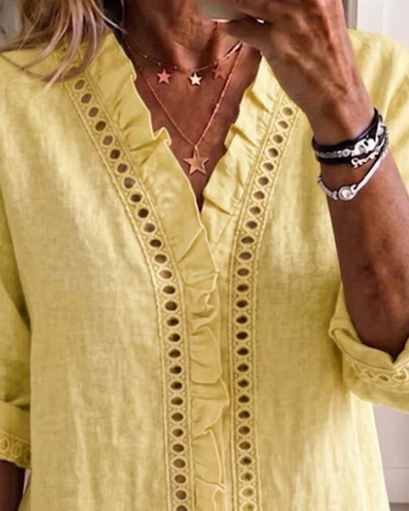 V-Neck Ruffle Collar Hollow Out Blouse