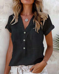 Solid Short Sleeve Button-Down Blouse