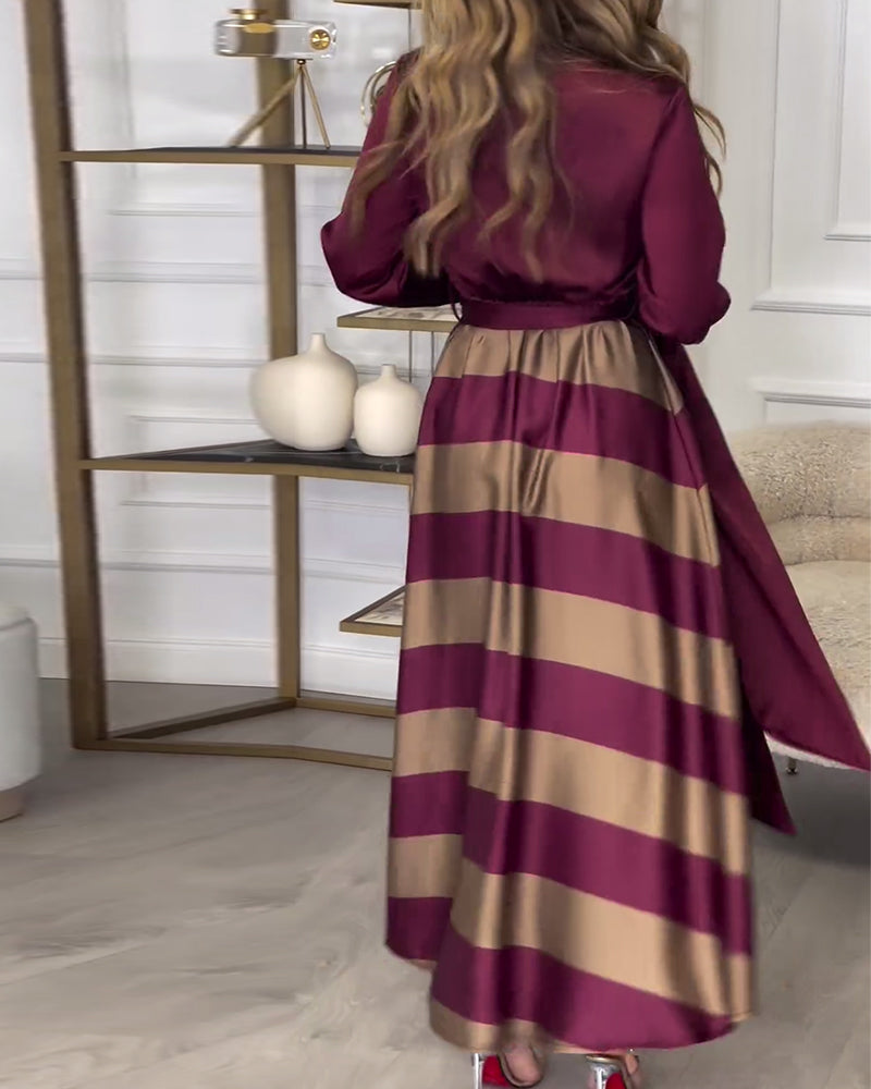Elegant striped printed lapel strap dress