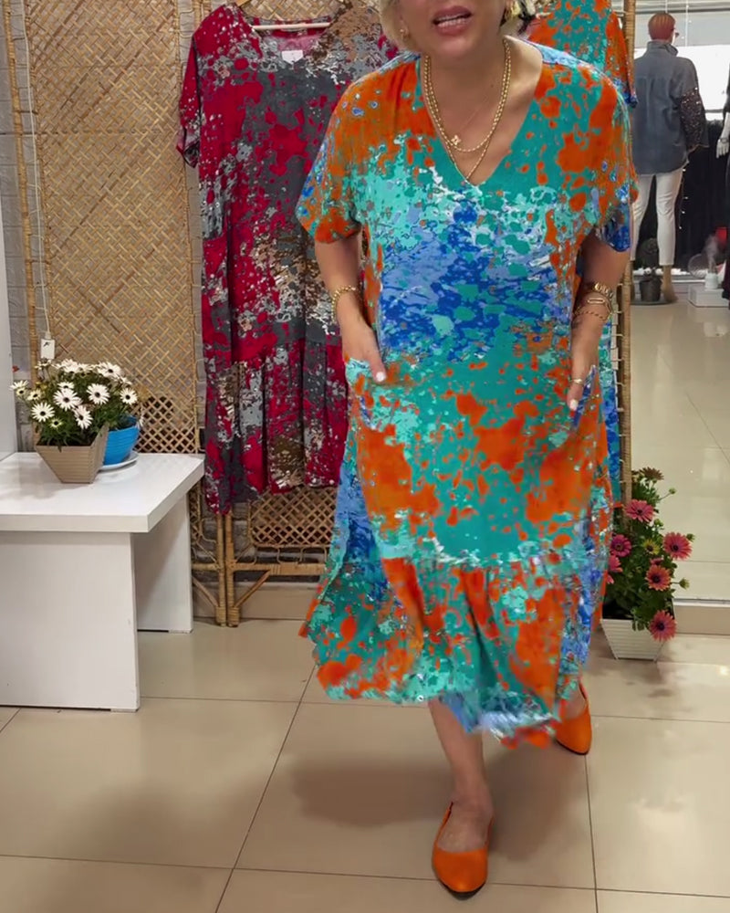 V-Neck Gradient Multi-Color Print Dress