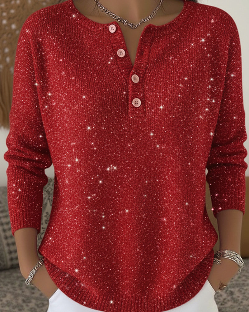 Long-Sleeved Crew Neck Button Pullovers