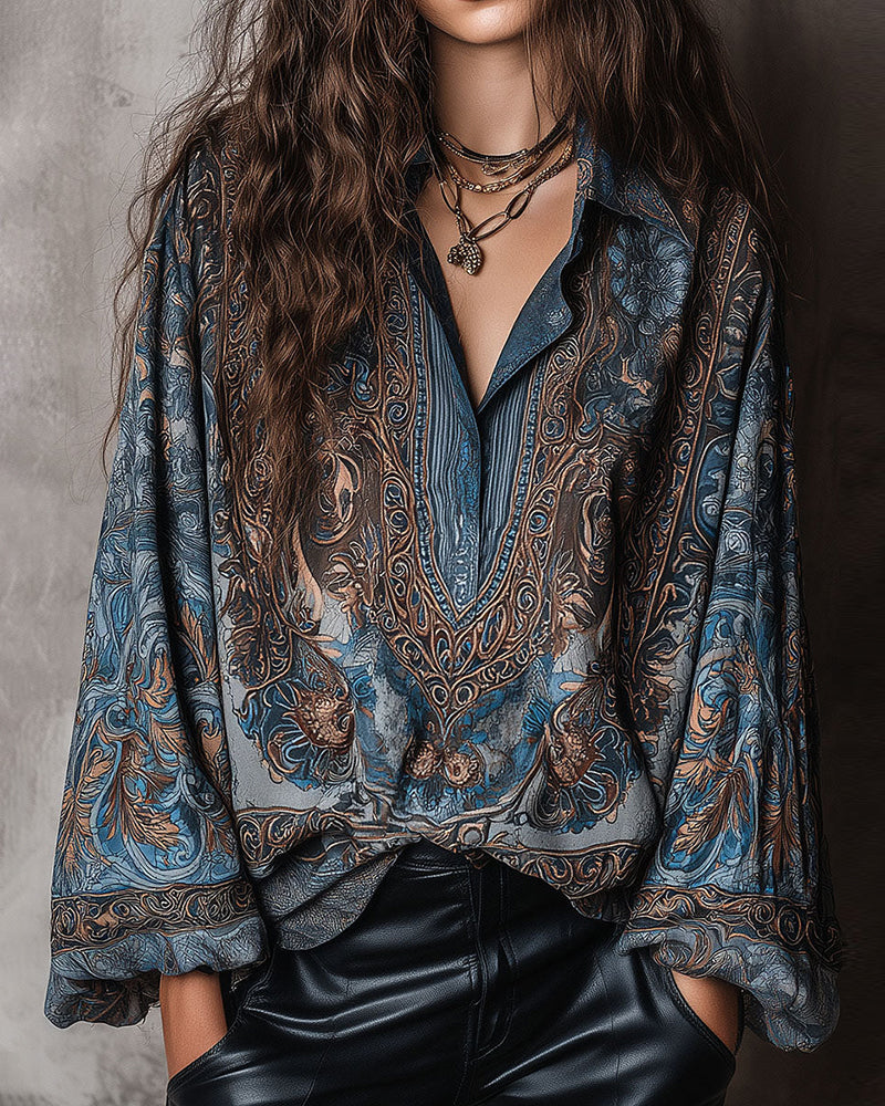 Retro Print V-Neck Lapel Sophisticated Blouse