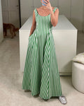 Casual vertical stripe printed sleeveless pocket dress