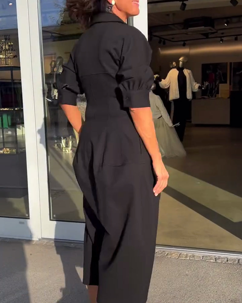 Lapel solid color casual dress