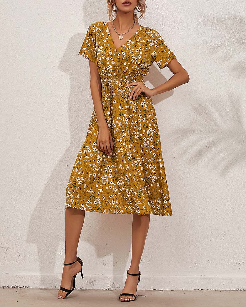 V-Neck Cinched Waist Floral Print Midi Dress