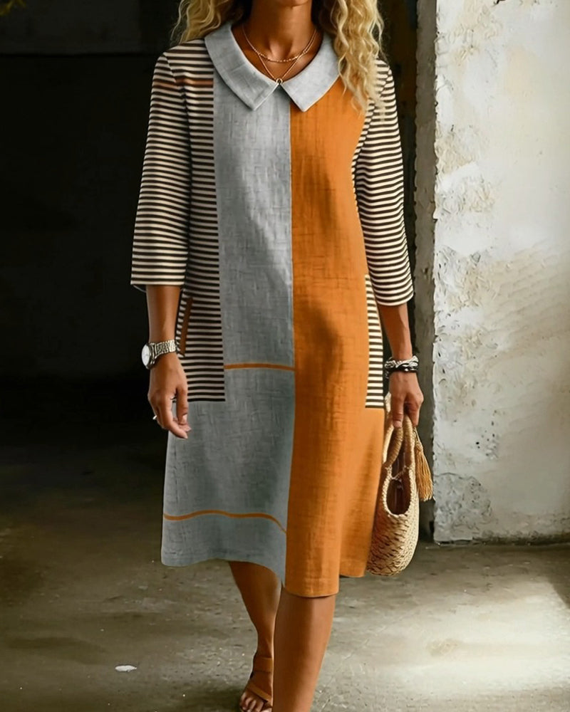 Lapel Striped Contrast Straight Dress