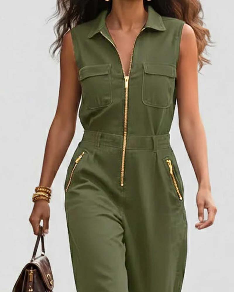 Zipper Front Sleeveless Jumpsuit