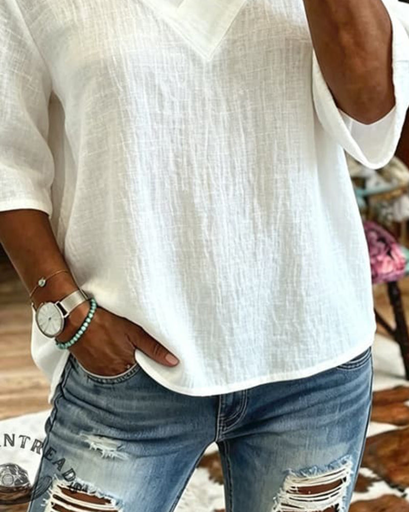 Off-Shoulder V-Neck Solid Loose Fit Blouse