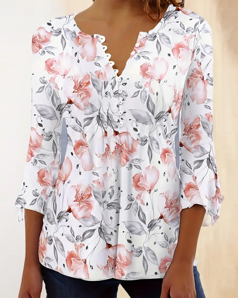Flare Sleeve Printed Ruffle Blouse