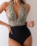 Printed Contrast Halterneck One-Piece Swimsuit
