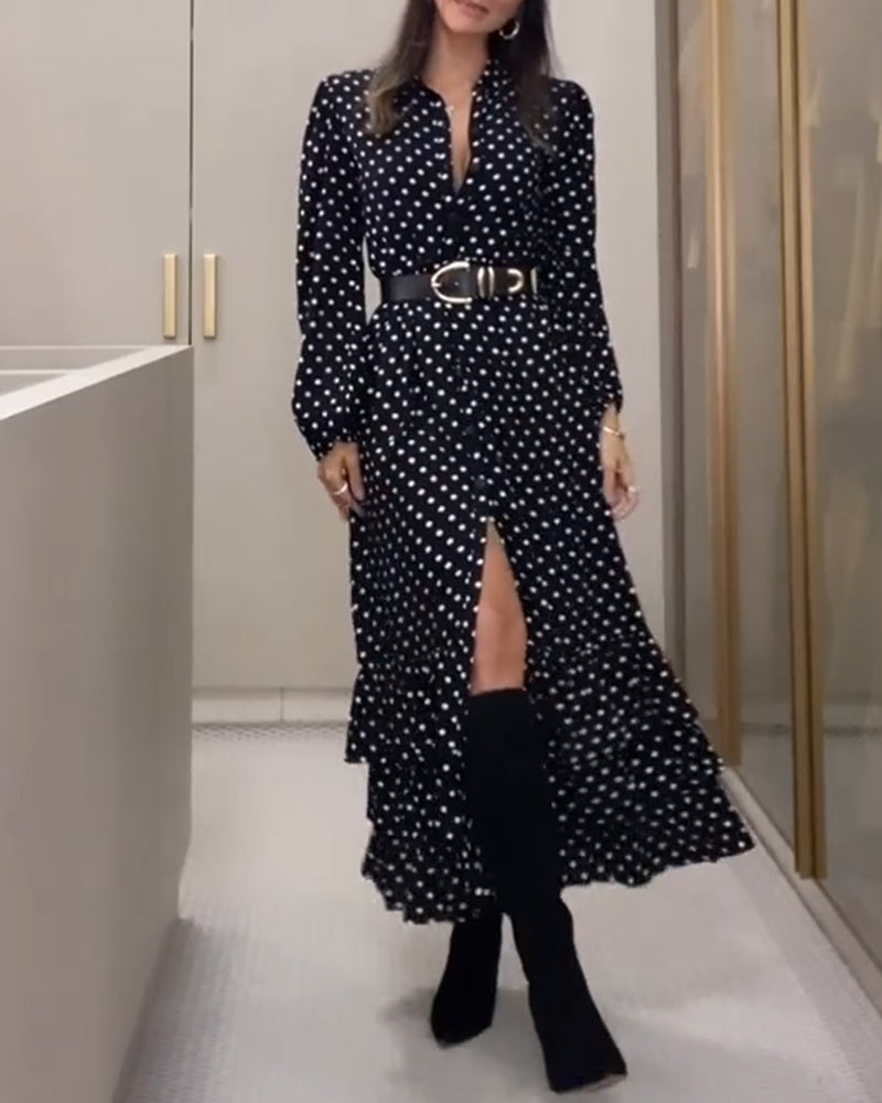 Fashionable polka dot button slit ruffle dress