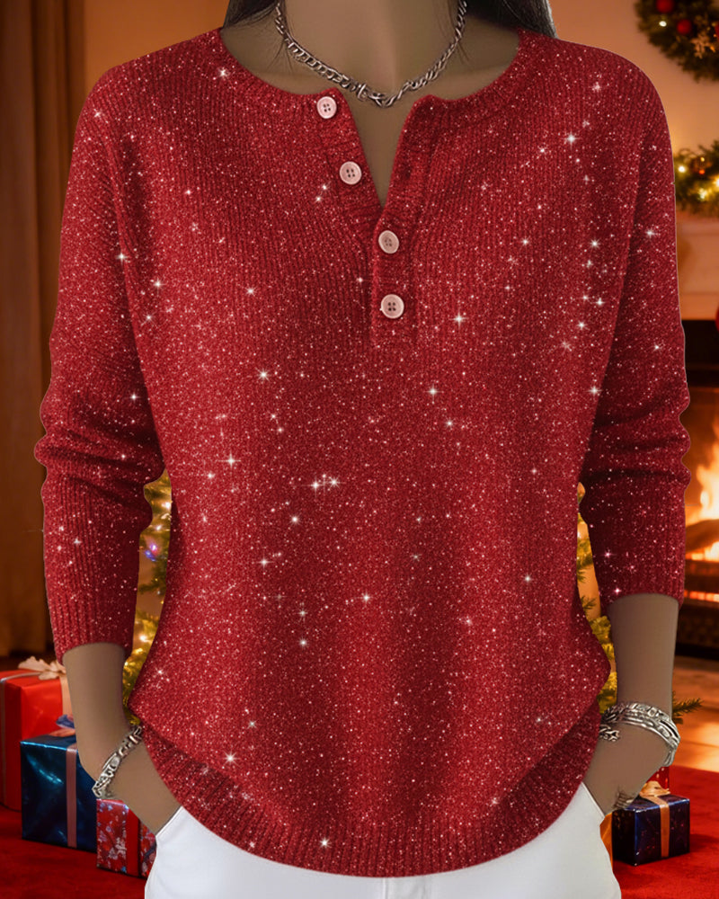 Long-Sleeved Crew Neck Button Pullovers