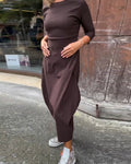 Simple solid color pocket long sleeve elegant dress