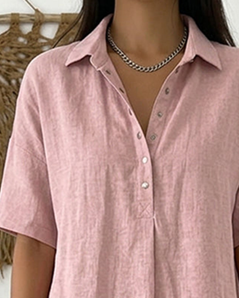 Solid-Color Half-Placket Shirt Dress