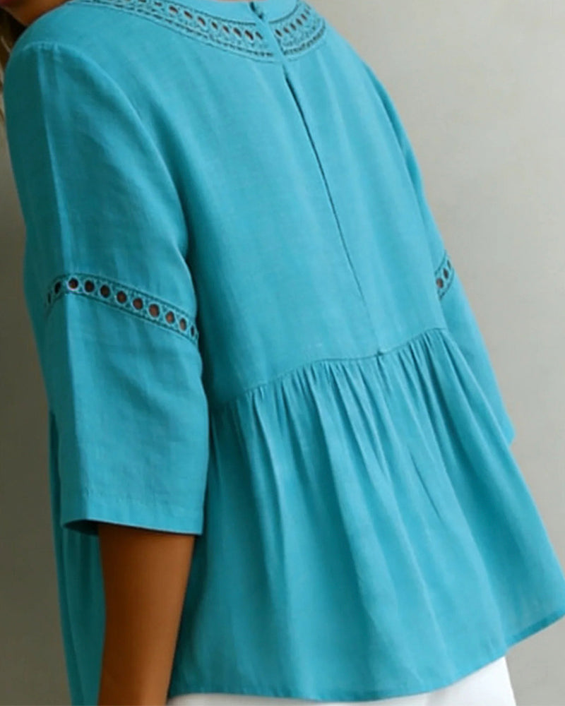 Cut-Out Patchwork Three-Quarter Sleeve Blouse