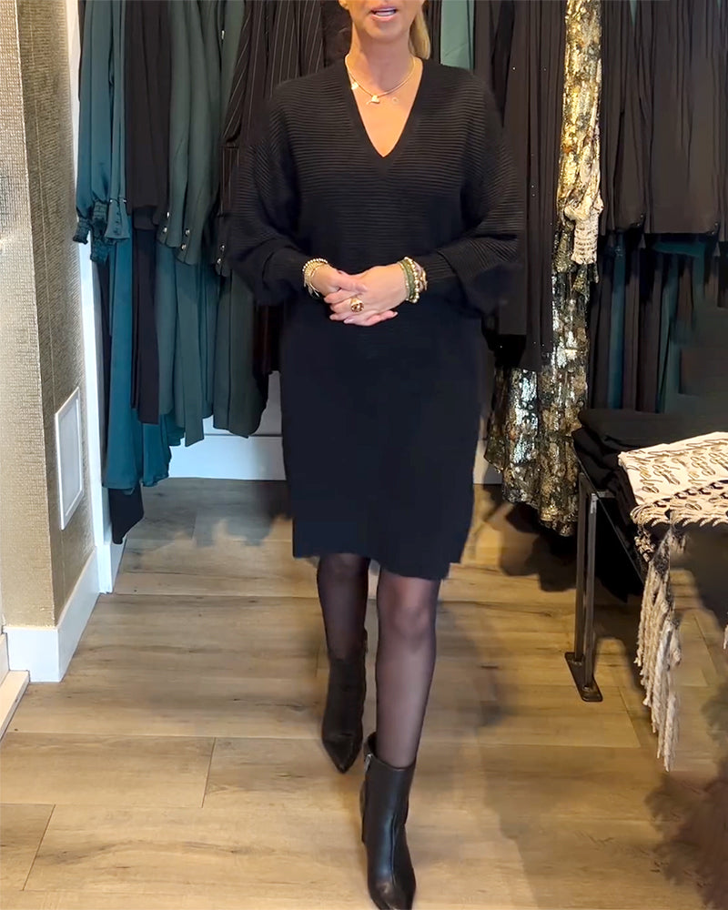 V-Neck Solid Color Sweater Dress