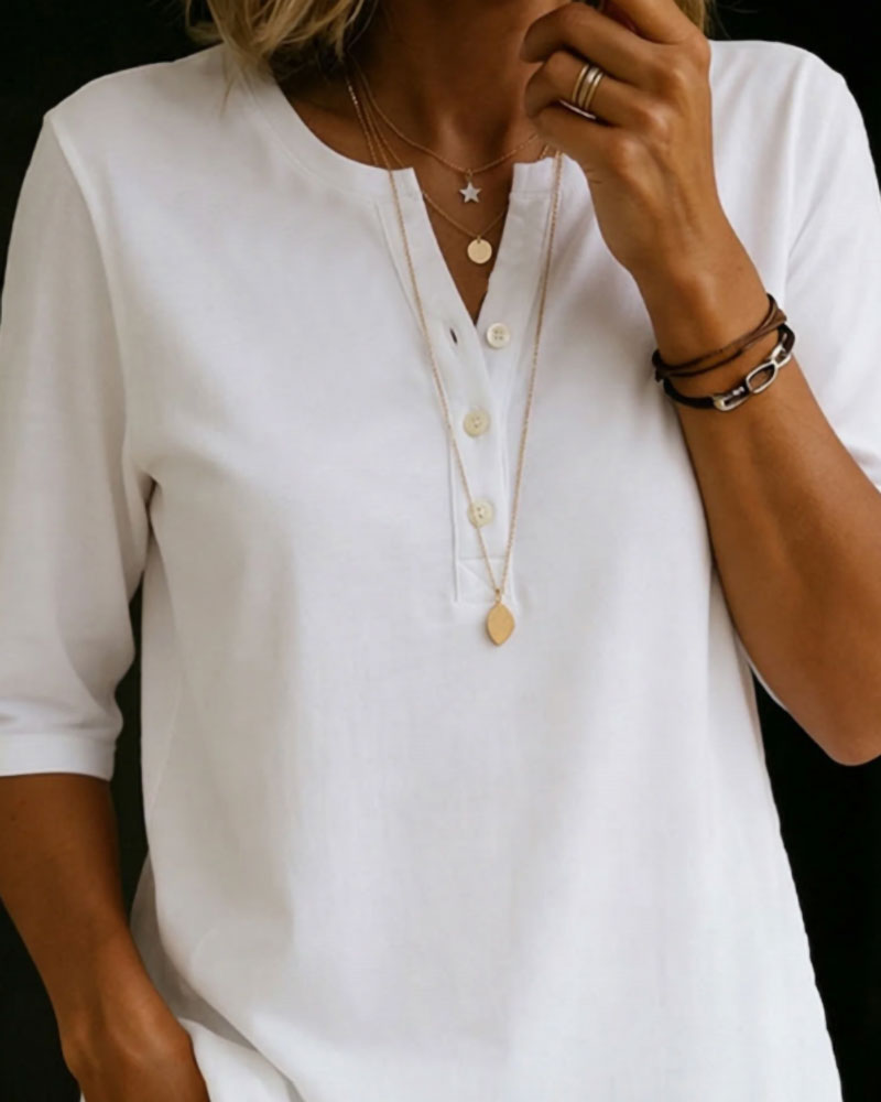 Button-Down Short-Sleeved Solid Color T-Shirt