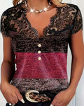 V-Neck Lace Patchwork Contrast Color T-Shirt
